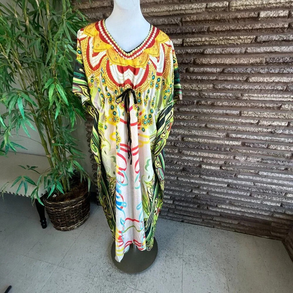 Tamsy Colorful Graphic Print Caftan Beach Cover up Drawstring Front  One Size - Picture 9 of 9